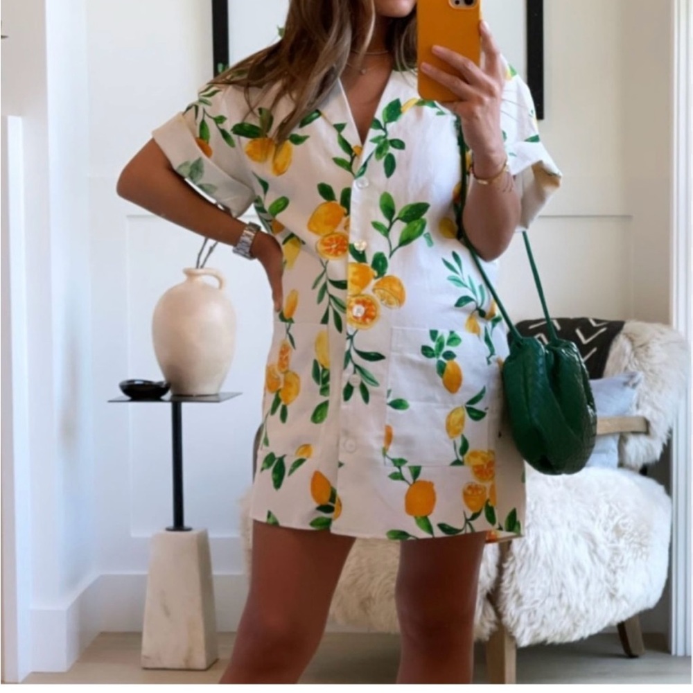 Zara Linen Blend Lemon Print Shirt Dress Floral Lemon Print